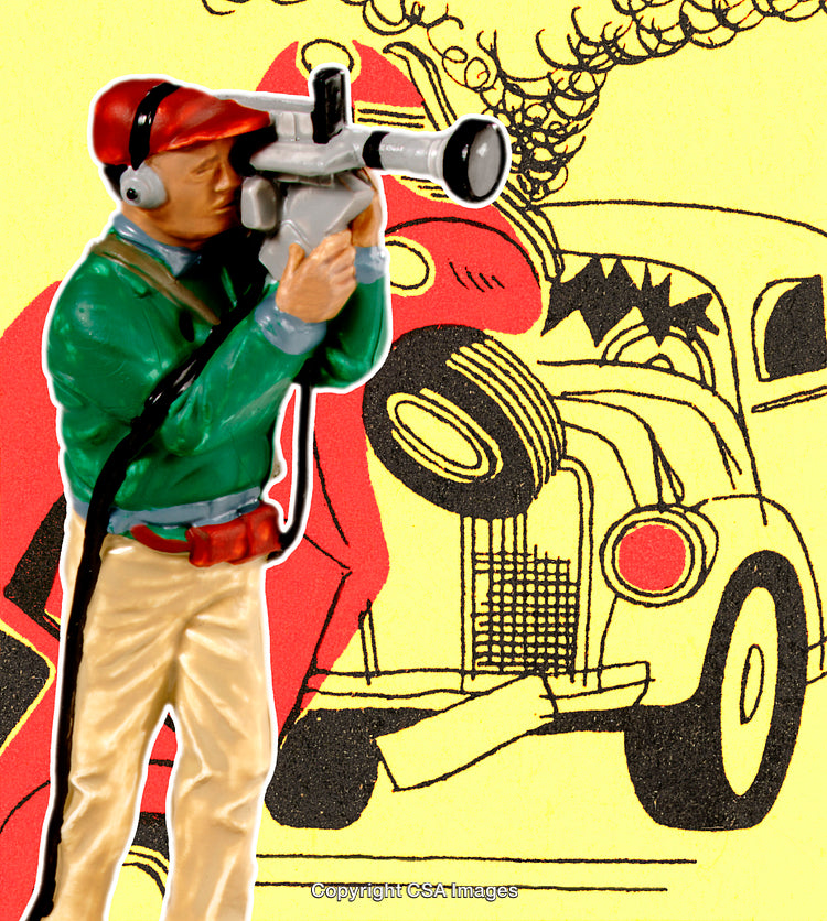 Toy Figure Filming a Classic Cartoon-Inspired Car Accident Scene