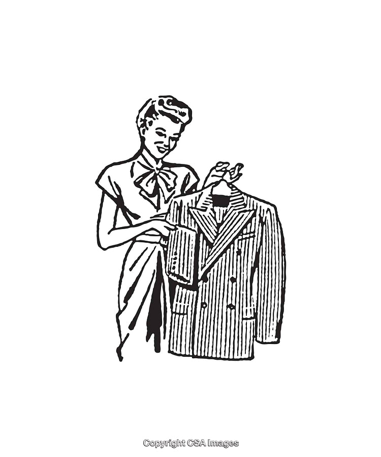 Retro Illustration of a Woman Holding and Displaying a Stylish Suit