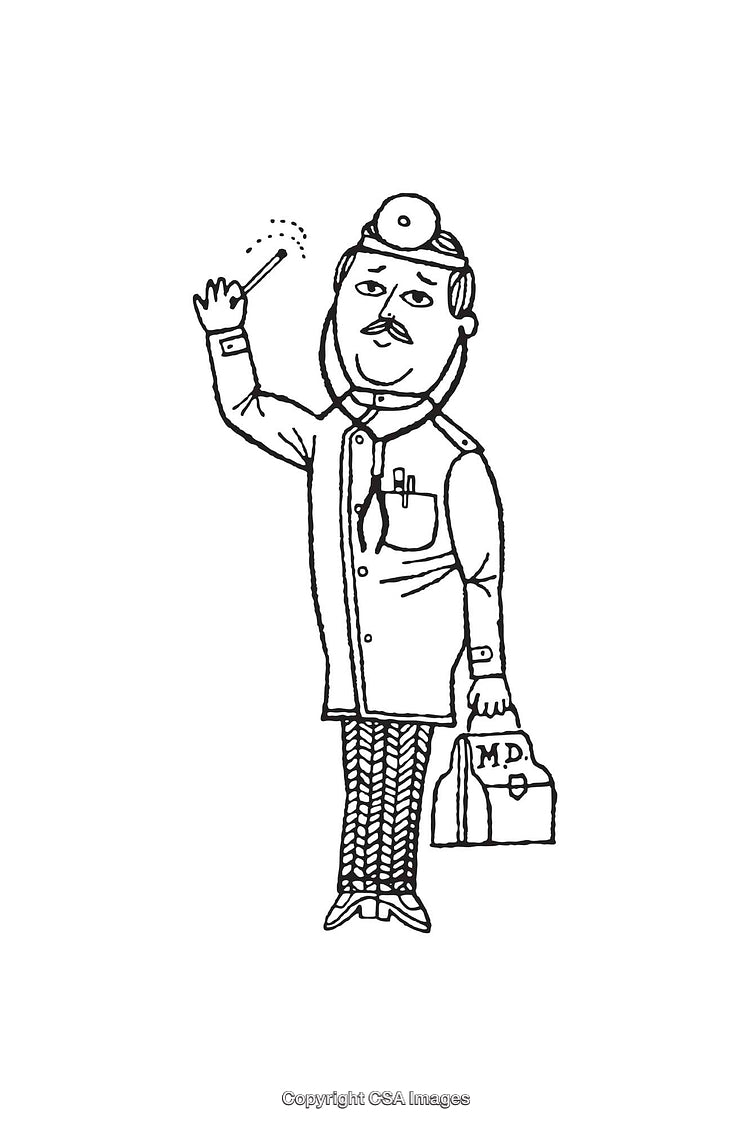 Black and White Illustration of a Doctor Holding a Medical Tool in Hand
