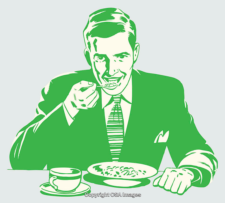 Retro Line Art Illustration of a Man Enjoying A Meal at a Table