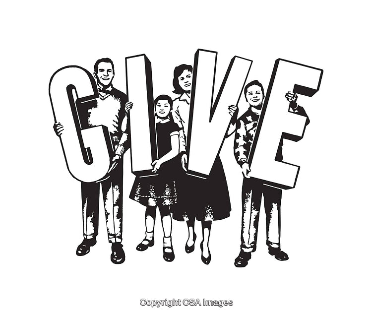 Black and White Illustration of Family Holding Letters Spelling 'Give'