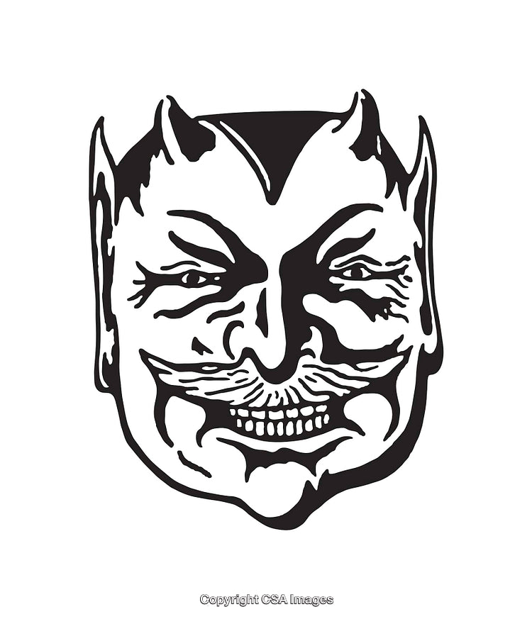 Black and White Line Art Illustration of a Devil With a Mustache Mirth
