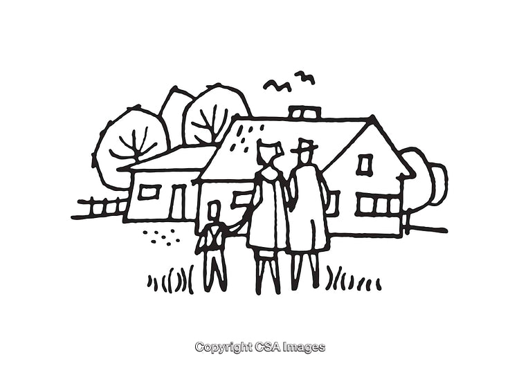 Black and White Line Art of a Family in Front of Their Home