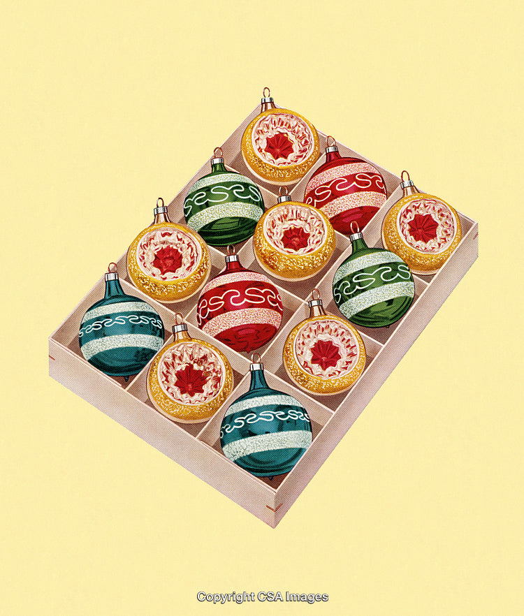 Collection of Vintage Christmas Ornaments in a Decorative Storage Box