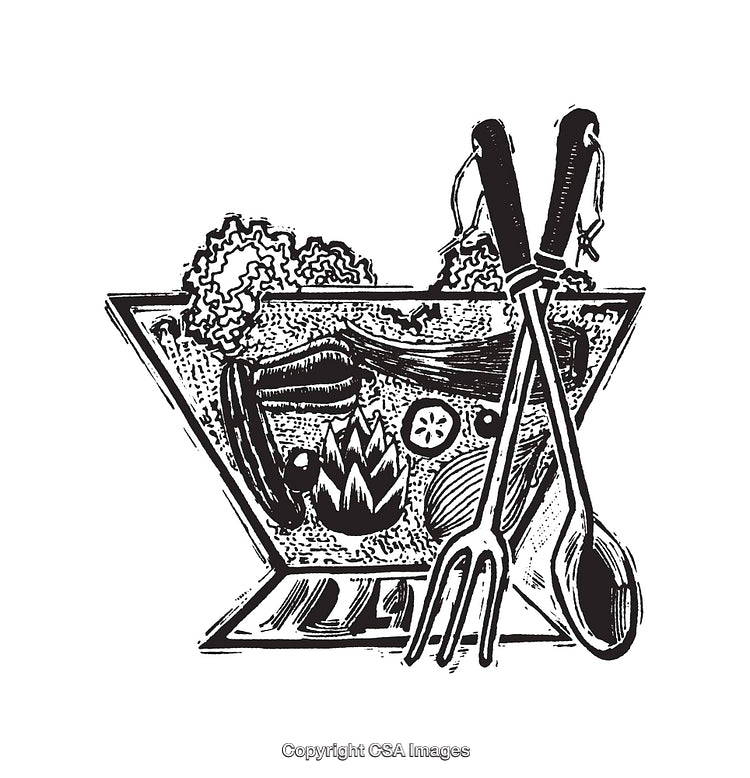 Black and White Illustration of A Salad Bowl with Serving Utensils