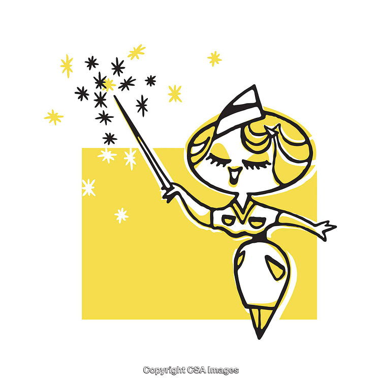 Cheerful Retro Illustration of a Magical Woman with a Wand and Stars