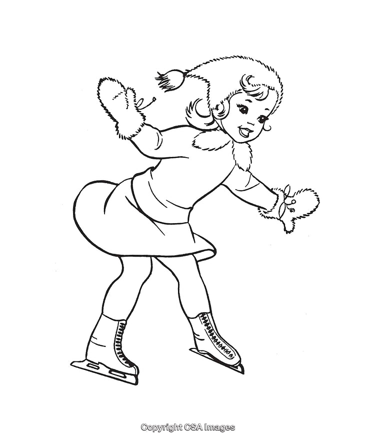 Young Girl Ice Skating Outside in Winter Wearing Mittens and Hat