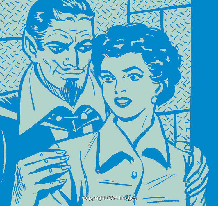 Vintage Style Illustration of a Dramatic and Mysterious Couple Expressing Suspense