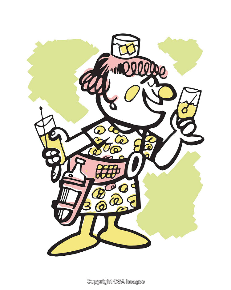 Colorful Cartoon Illustration of a Cheerful Bartender Holding Drinks