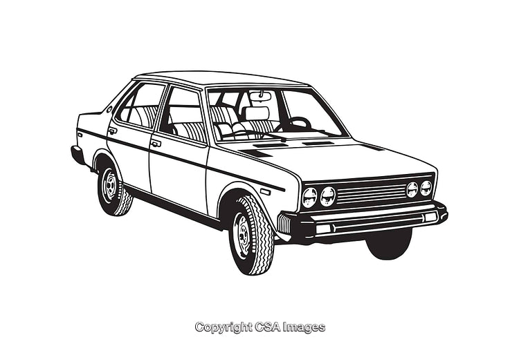 Black And White Line Art Illustration of a Vintage Classic Sedan Car