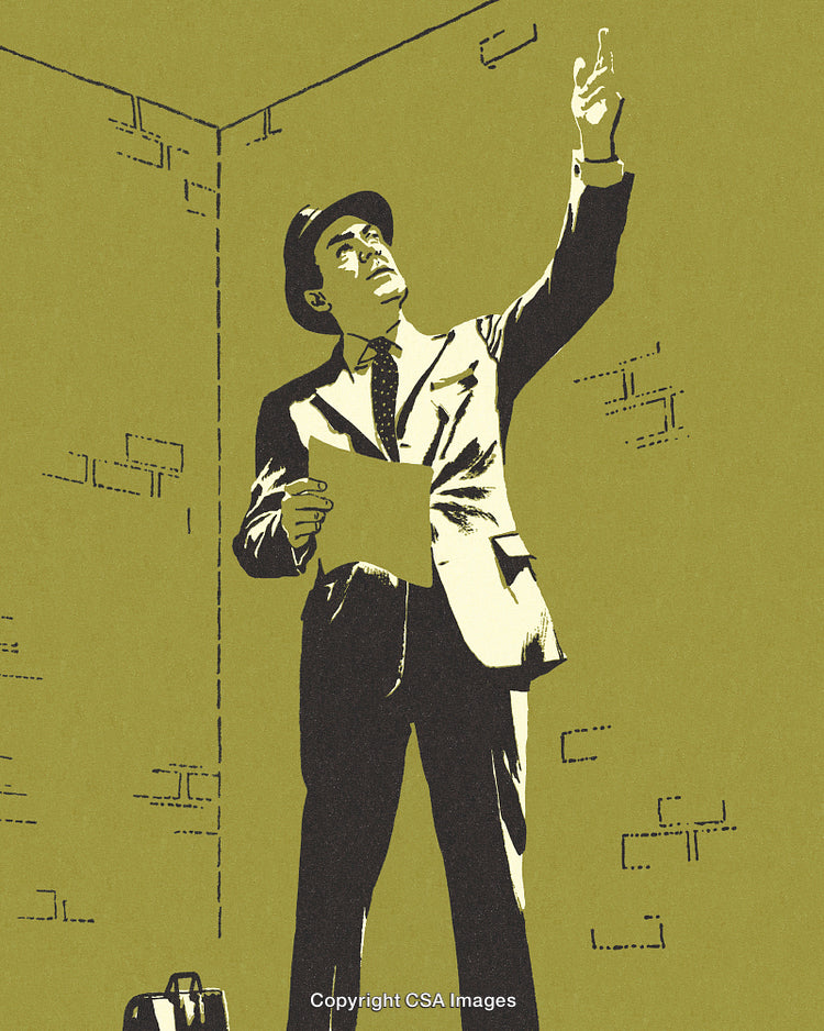 Retro Businessman Gesturing While Holding Paper in a Vintage Artwork Setting