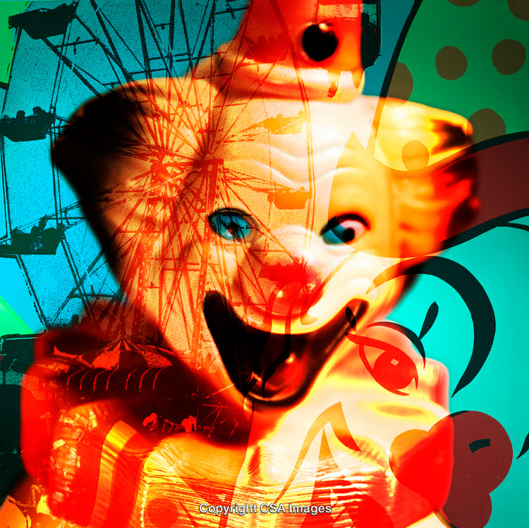 Vibrant Artistic Collage Featuring a Clown Figure and Carnival Elements