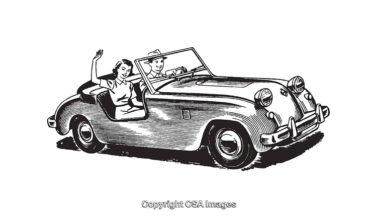 Vintage Illustration of a Couple Driving a Convertible Car