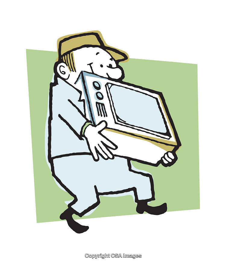 Cartoon Illustration of a Man Carrying a Vintage Television