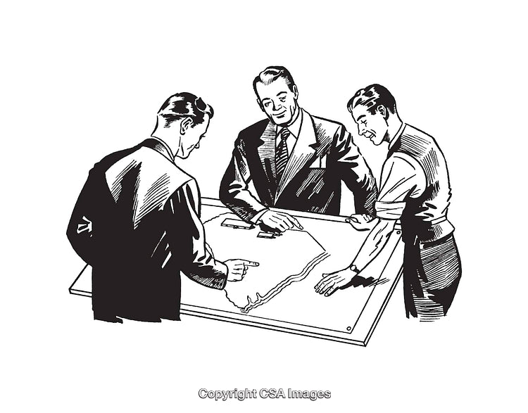 Three Men Collaborating Over a Map in Black and White Line Art Style