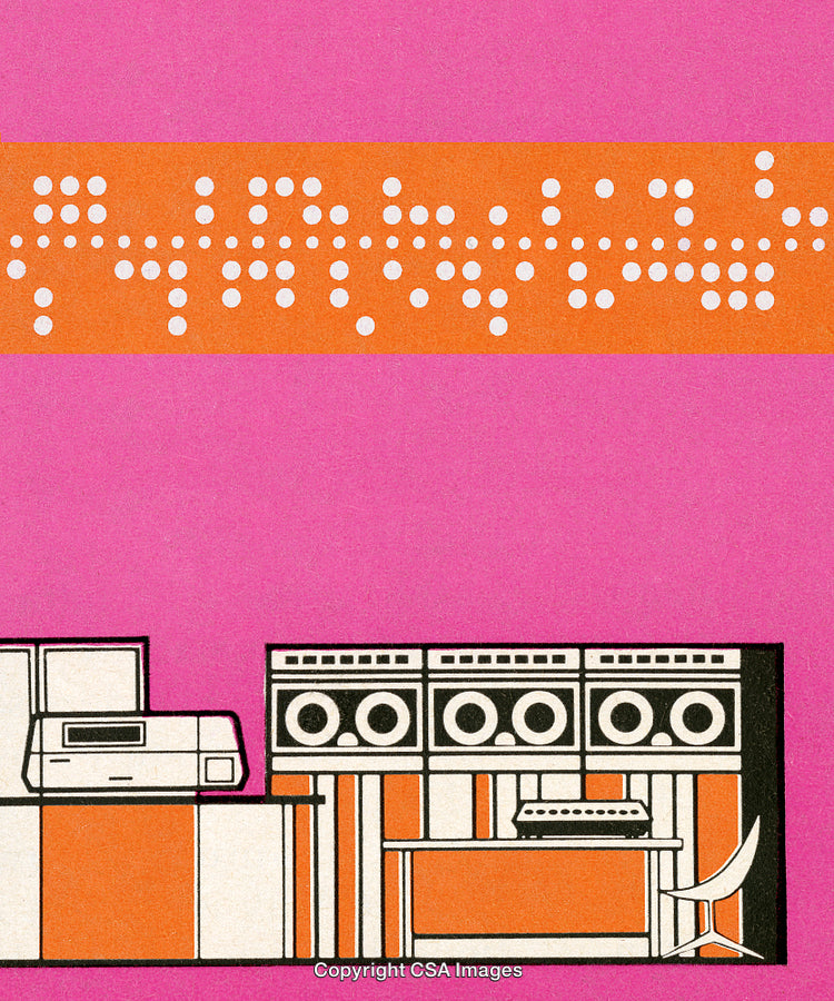 Retro Graphic Depiction of a Computer System with Bright Pink Background
