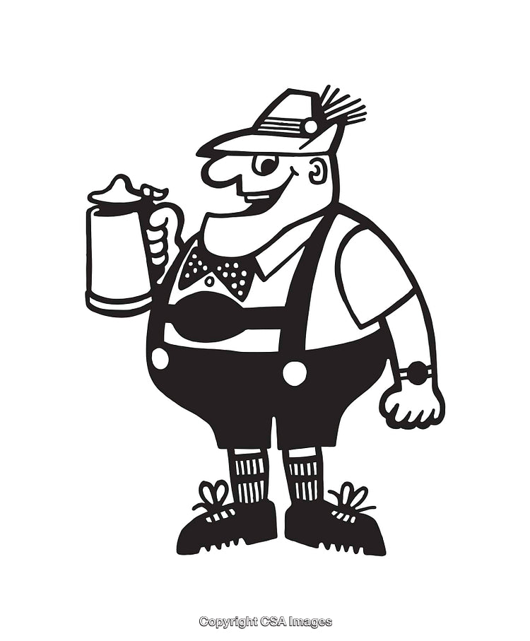Black and White Line Art of Person in Traditional Bavarian Outfit