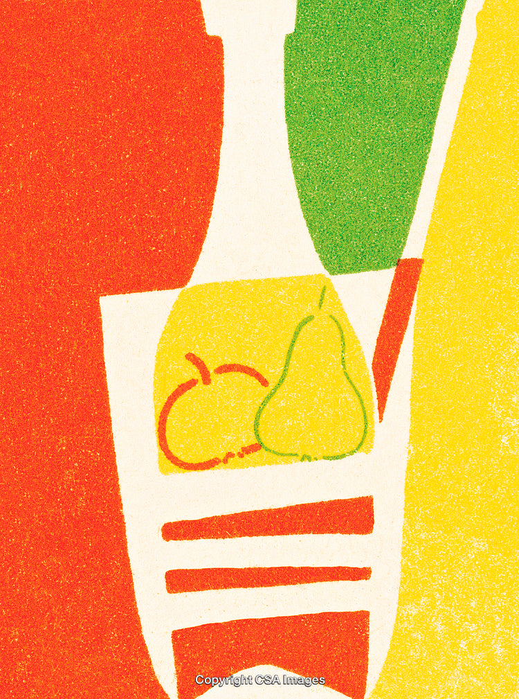 Colorful Abstract Artwork Featuring Fruits and Shapes in Primary Colors