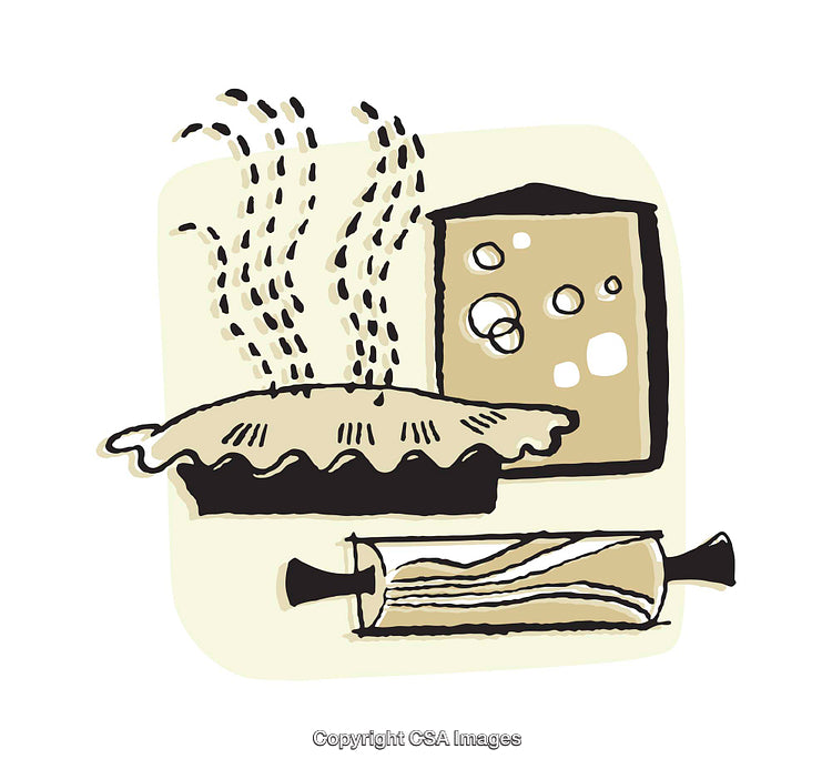 Illustration of Cooking Tools with A Freshly Baked Pie and Cheese