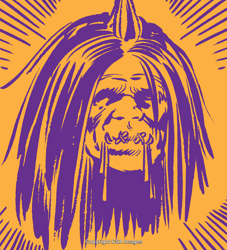 Illustrated Purple Figure on a Vibrant Yellow Background with Radiant Lines