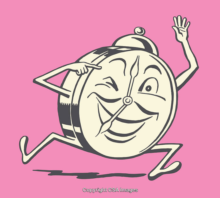 Cheerful Cartoon Clock with Arms Waving on a Pink Background