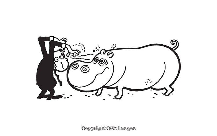 Humorous Black and White Line Art of Man Interacting with Hippopotamus