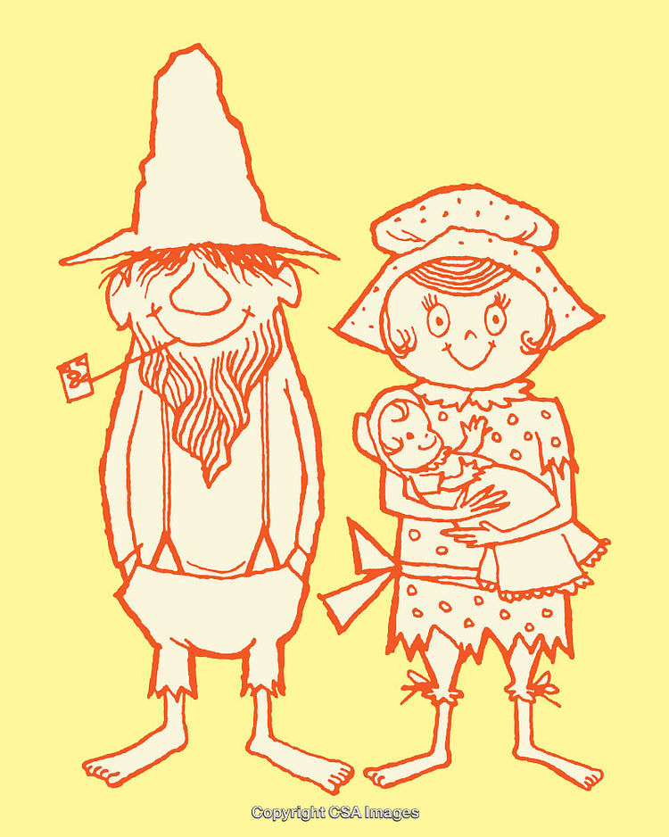 Charming Line Art of a Family with a Rustic Village Theme