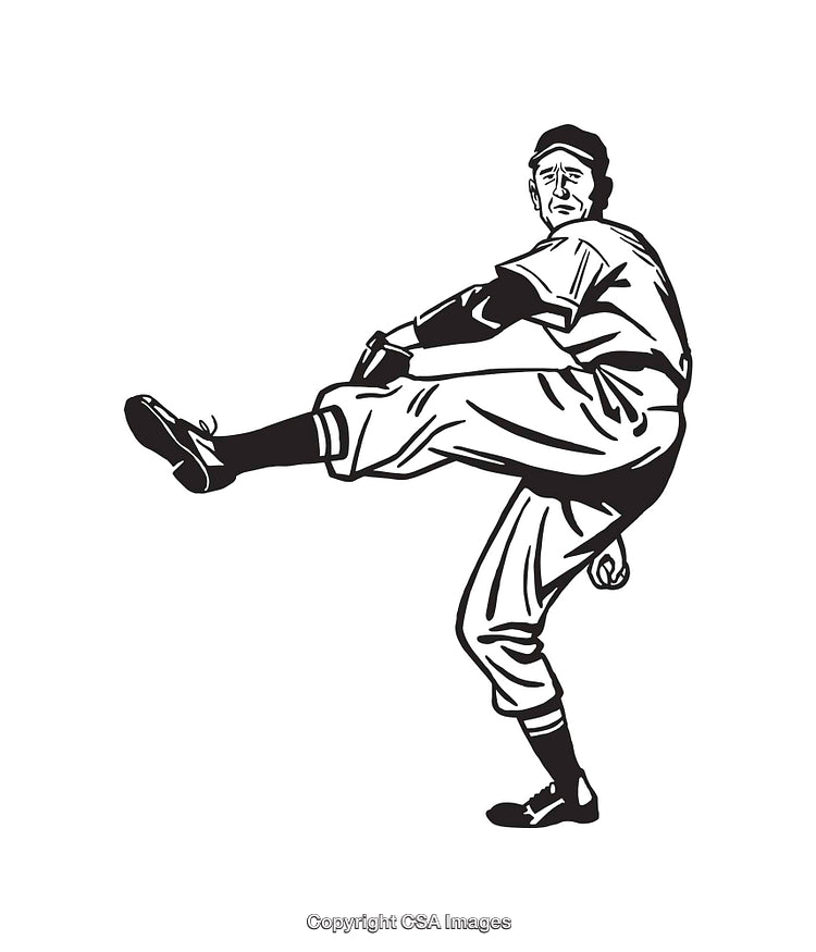 Black and White Line Art of Baseball Player in Pitching Pose