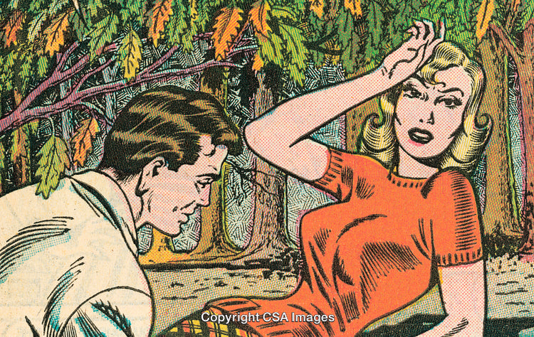 Retro Comic Style Illustration of a Man and Woman in a Forest