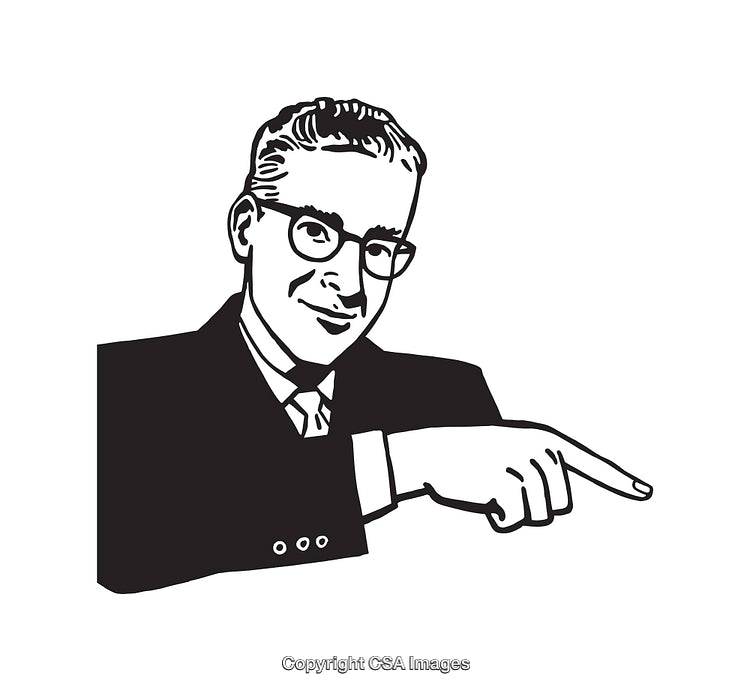Retro Line Art Illustration of a Pointing Gentleman in Black and White