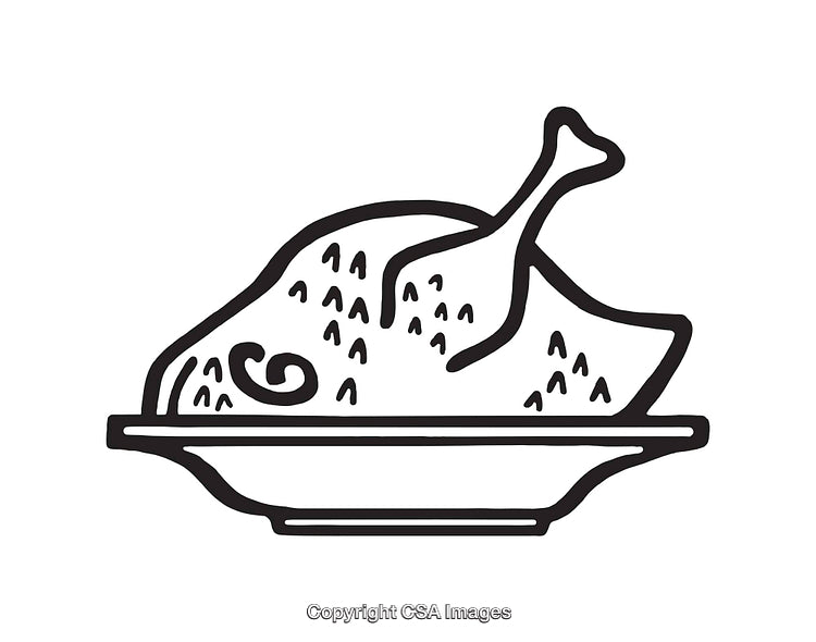 Black and White Line Art of a Cooked Turkey on a Plate