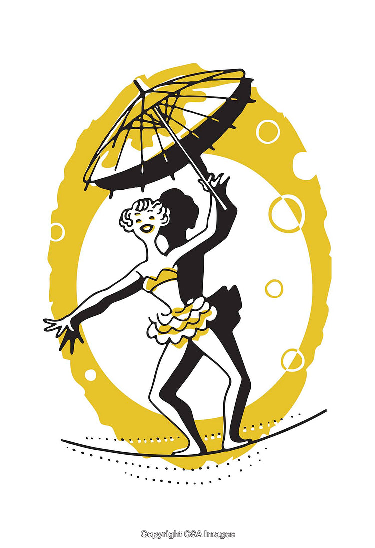 Retro Illustration of Circus Performers Balancing on Tightrope with Umbrella