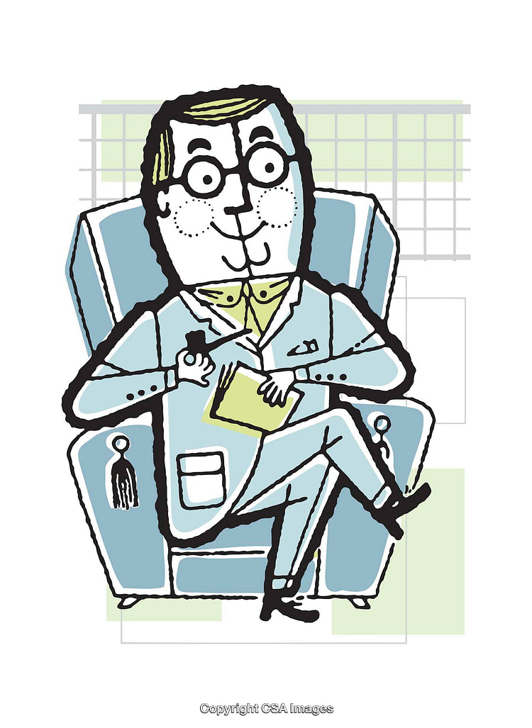 Cartoon Illustration of a Seated Man in a Suit with Book and Glasses