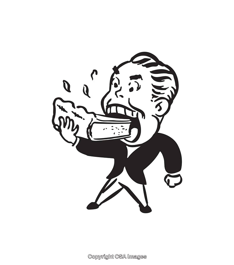 Retro Cartoon Man Eating a Sandwich in Black and White Illustration