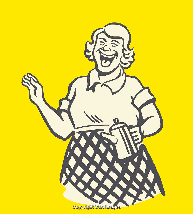 Retro Illustration of a Cheerful Woman Holding a Coffee Pot on Yellow Background