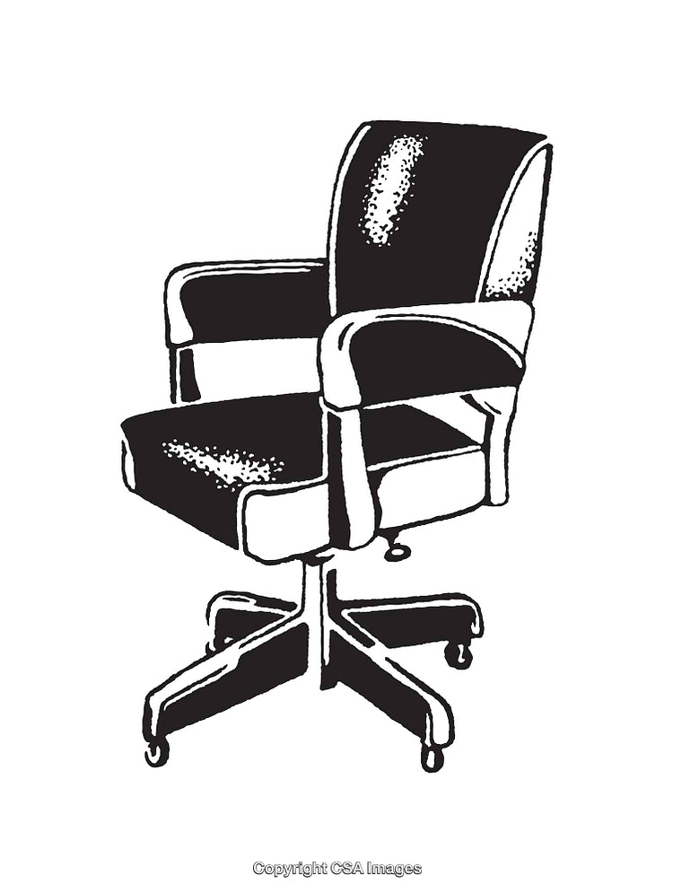 Black and White Illustration of an Office Chair on Rolling Wheels
