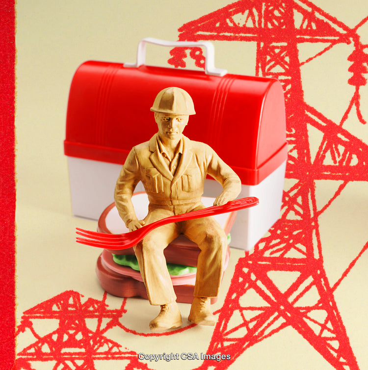 Creative Composition of Worker Toy Figure with Lunchbox and Artistic Backdrop