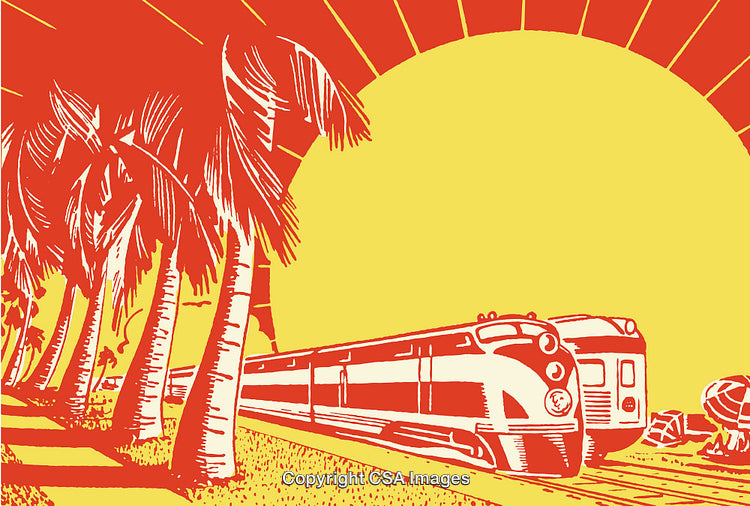 Colorful Retro Train Illustration with Palm Trees and Large Rising Sun