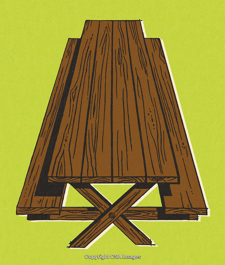 Illustrated Wooden Picnic Table on a Bright Green Background