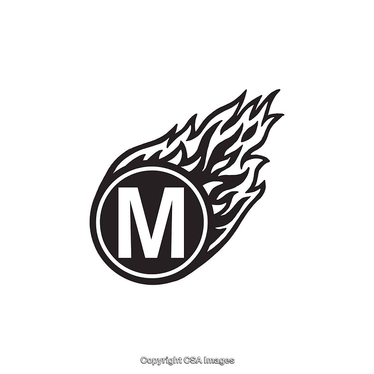 Black Flaming Letter M Icon with Dynamic Fire Design