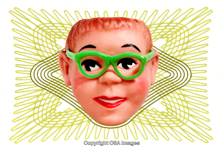 Vintage Plastic Toy Face with Green Glasses and Geometric Decorative Background