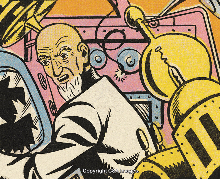 Abstract Retro Artwork Depicting an Inventor and Colorful Machinery in Vibrant Style