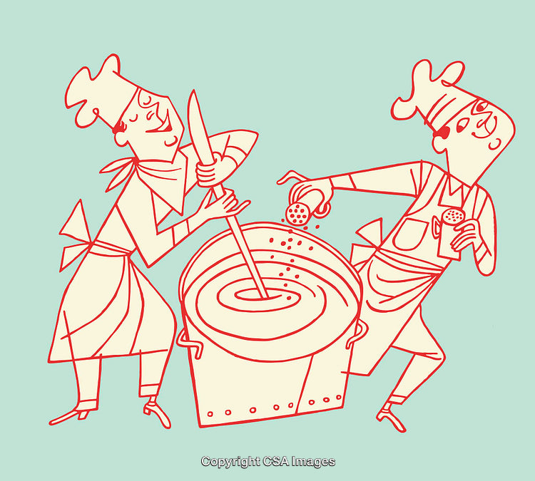 Chefs Collaborating in a Kitchen, Line Art Style Illustration