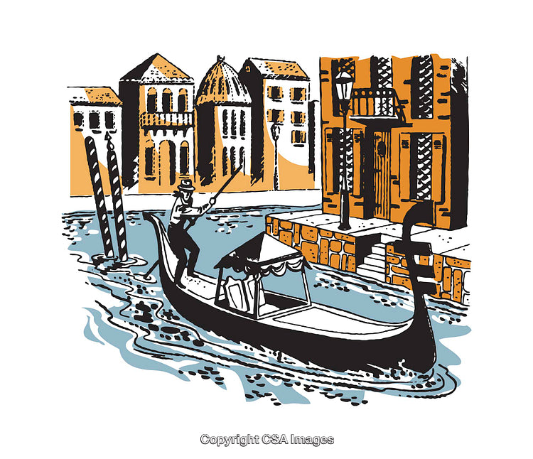 Vintage Style Illustration of Gondola Ride in Venice Waterway