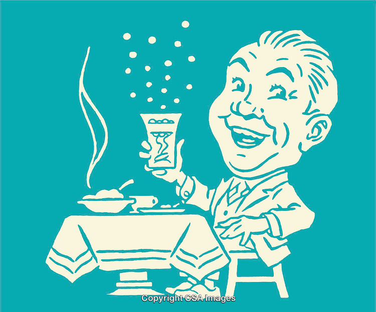Retro Cartoon of Smiling Man Enjoying a Meal and Refreshing Drink