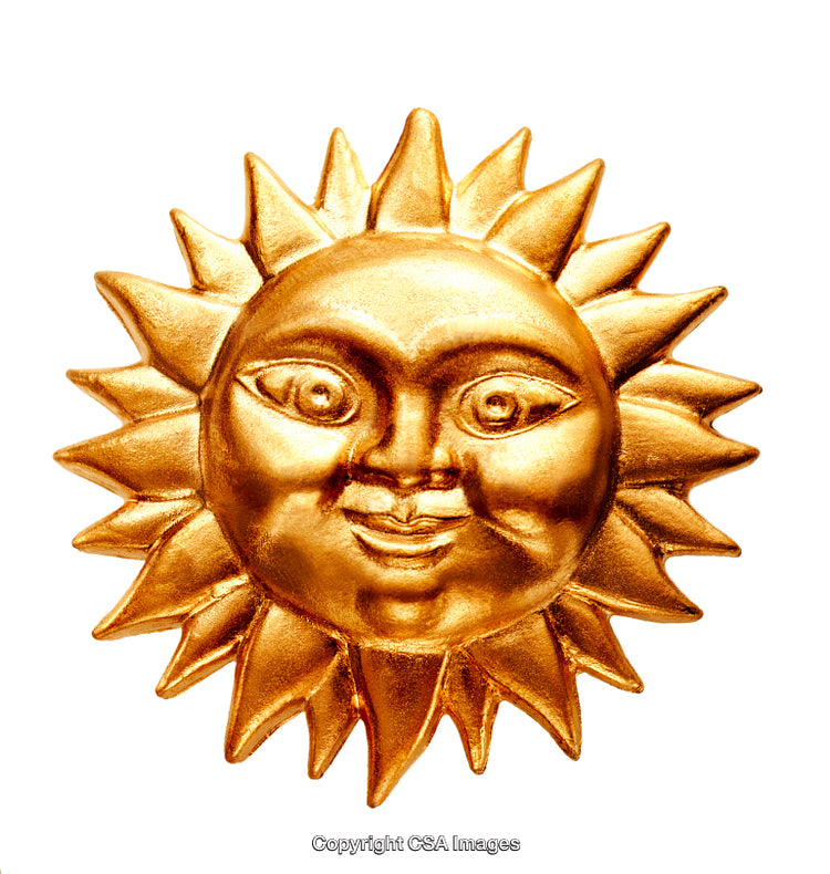 Golden Sunburst Ornament with Smiling Face on White Background