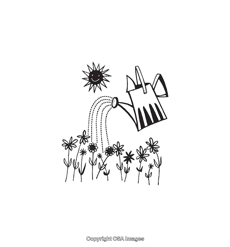 Whimsical Black and White Illustration of Watering Flowers Under a Sun
