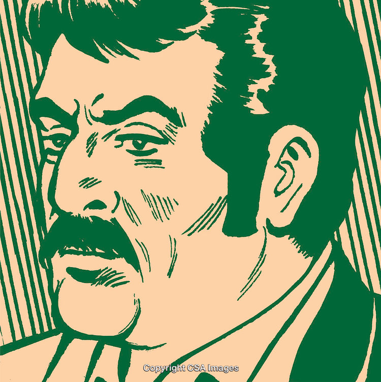 Retro Style Illustration of a Mustached Man in Bold Green and Beige
