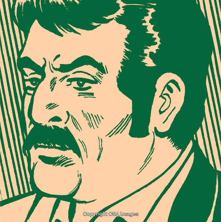 Retro Style Illustration of a Mustached Man in Bold Green and Beige