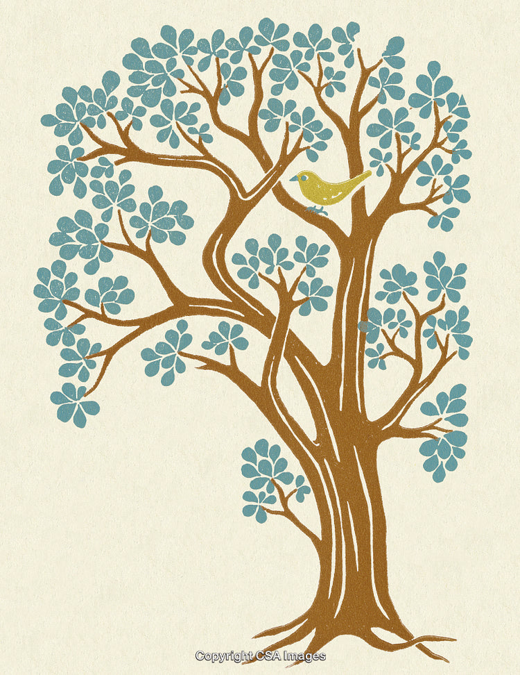 Simple Illustration of a Tree With Blue Leaves and Bird in Branches
